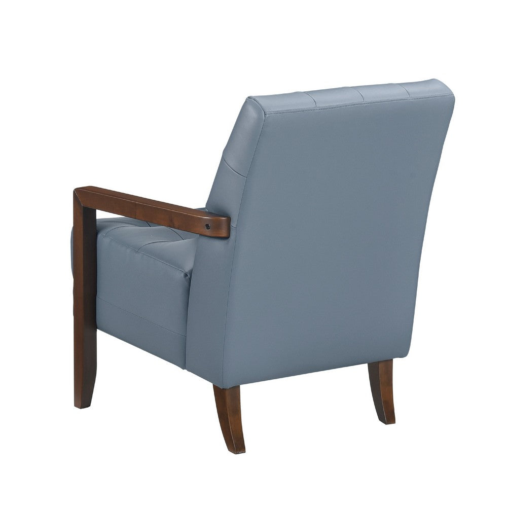 Benjara Lenie Accent Armchair, Button Tufted Blue Leather, Walnut Brown Wood