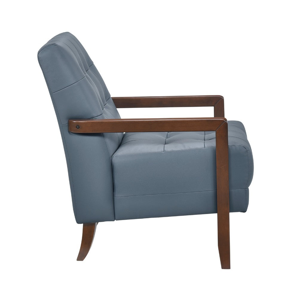 Benjara Lenie Accent Armchair, Button Tufted Blue Leather, Walnut Brown Wood