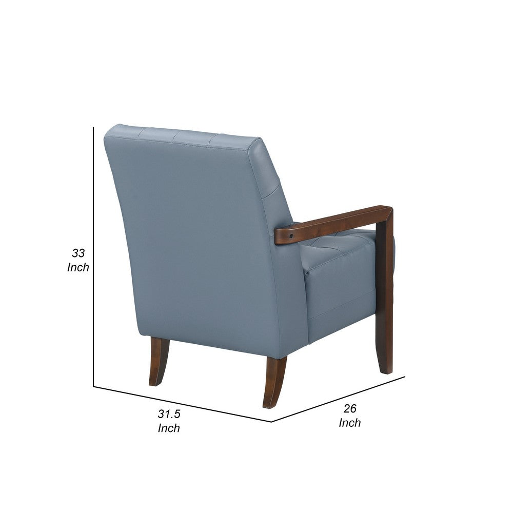 Benjara Lenie Accent Armchair, Button Tufted Blue Leather, Walnut Brown Wood