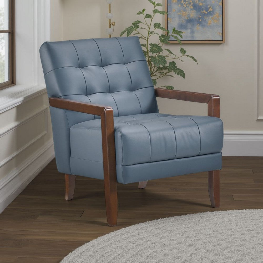 Benjara Lenie Accent Armchair, Button Tufted Blue Leather, Walnut Brown Wood