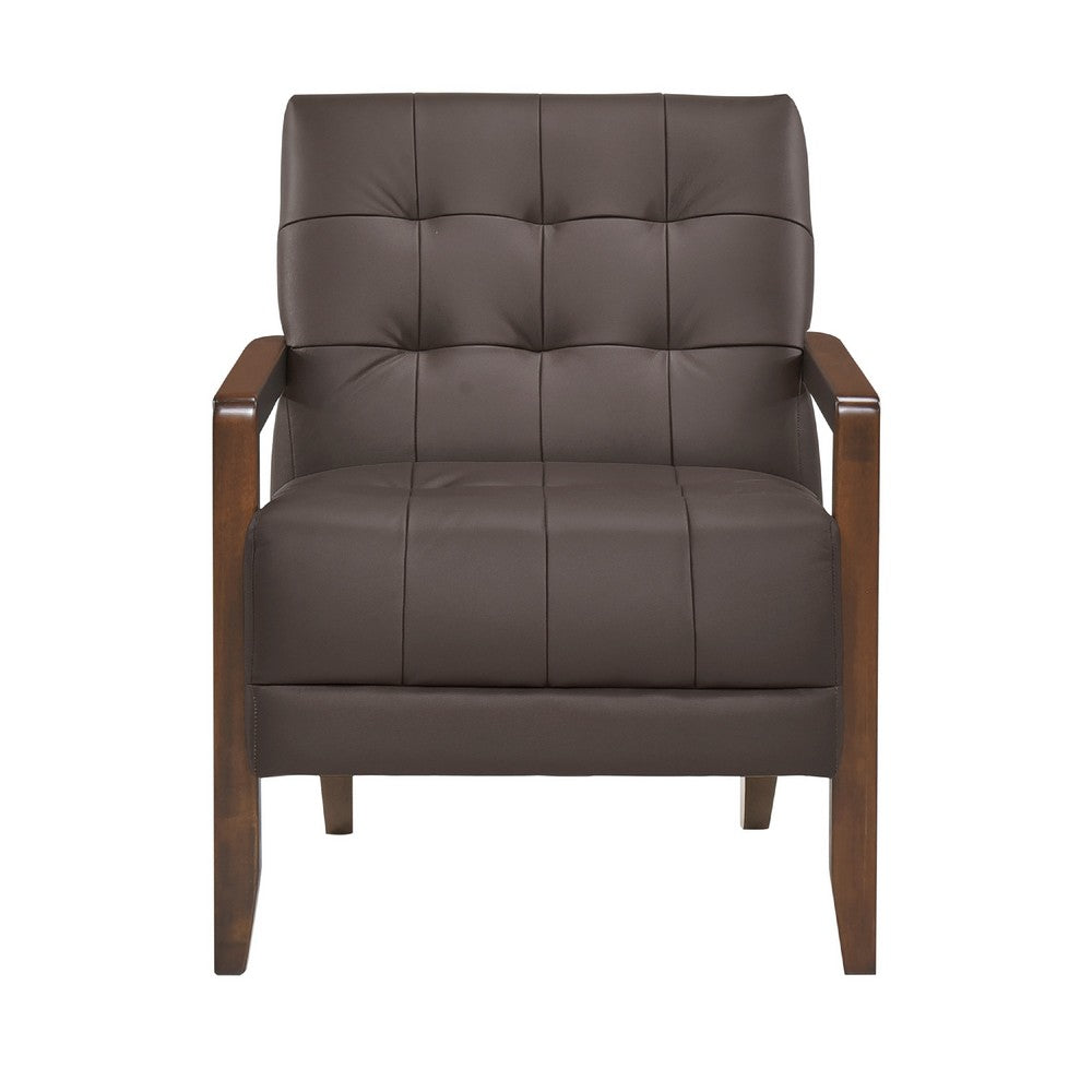 Benjara Lenie Accent Armchair, Button Tufted Dark Brown Leather, Wood Frame