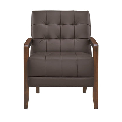 Benjara Lenie Accent Armchair, Button Tufted Dark Brown Leather, Wood Frame