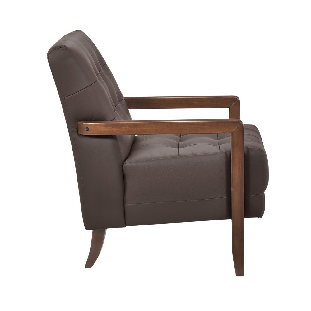 Benjara Lenie Accent Armchair, Button Tufted Dark Brown Leather, Wood Frame