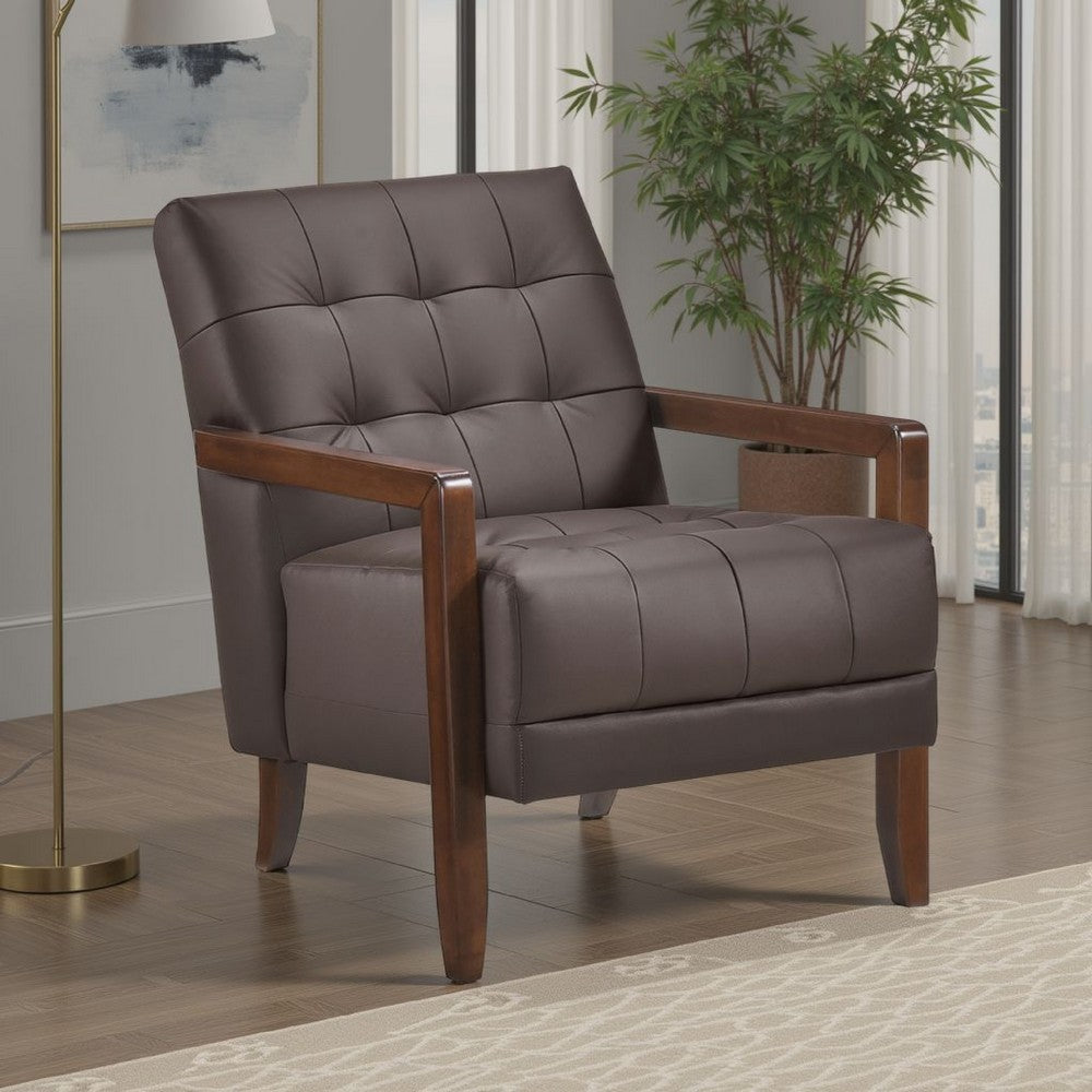 Benjara Lenie Accent Armchair, Button Tufted Dark Brown Leather, Wood Frame