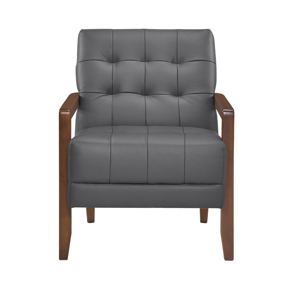 Benjara Lenie Accent Armchair, Button Tufted Dark Gray Leather, Brown Wood
