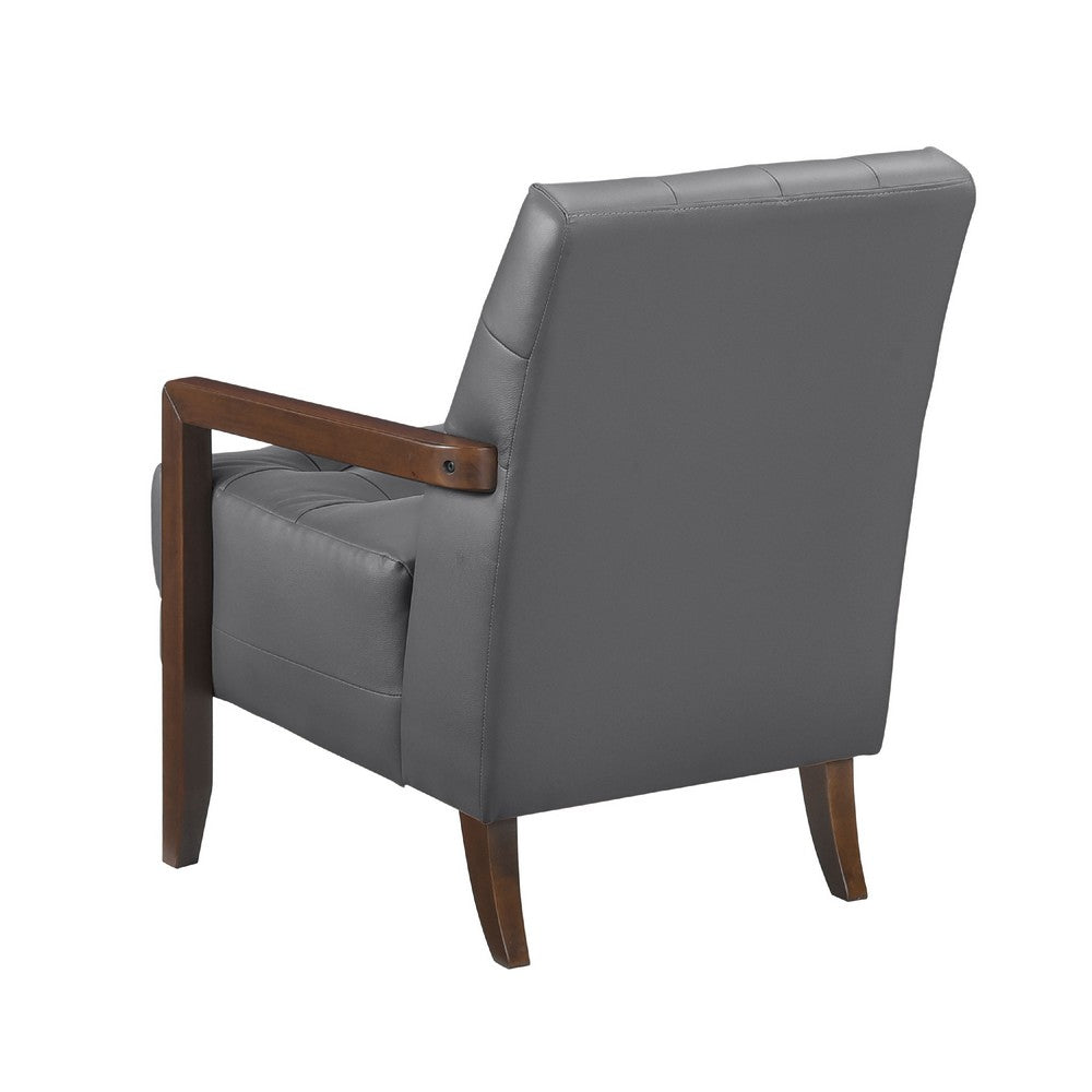Benjara Lenie Accent Armchair, Button Tufted Dark Gray Leather, Brown Wood