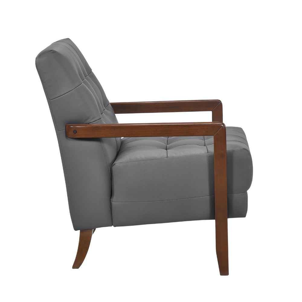 Benjara Lenie Accent Armchair, Button Tufted Dark Gray Leather, Brown Wood