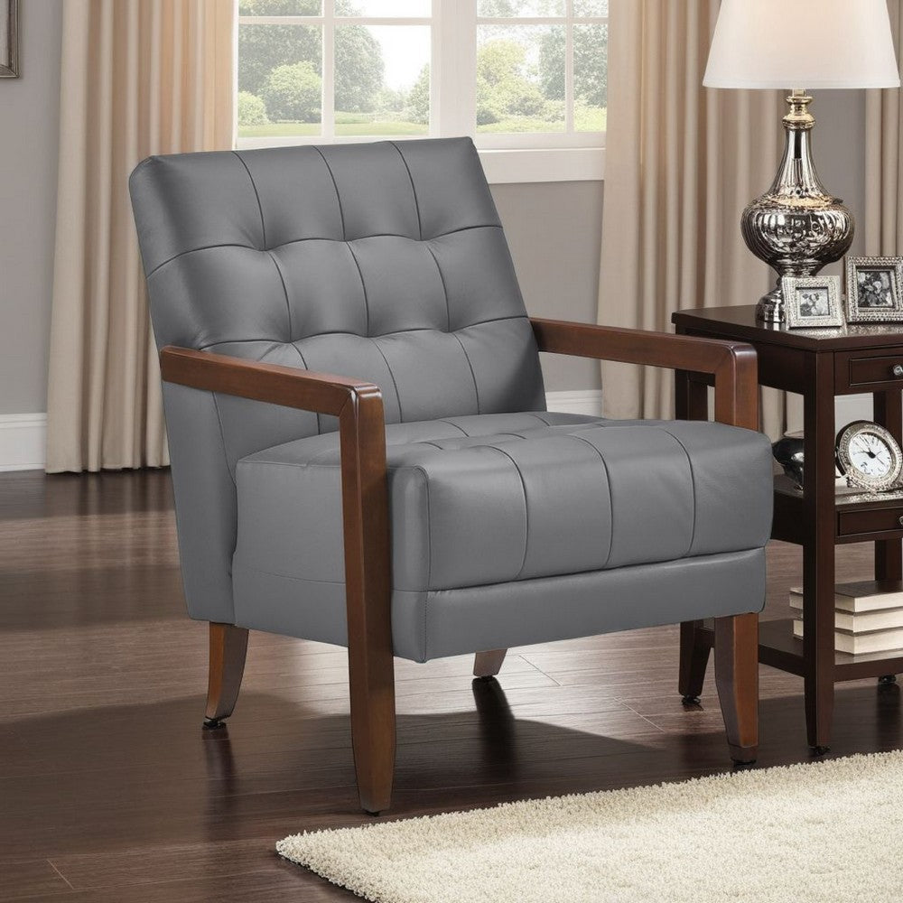 Benjara Lenie Accent Armchair, Button Tufted Dark Gray Leather, Brown Wood