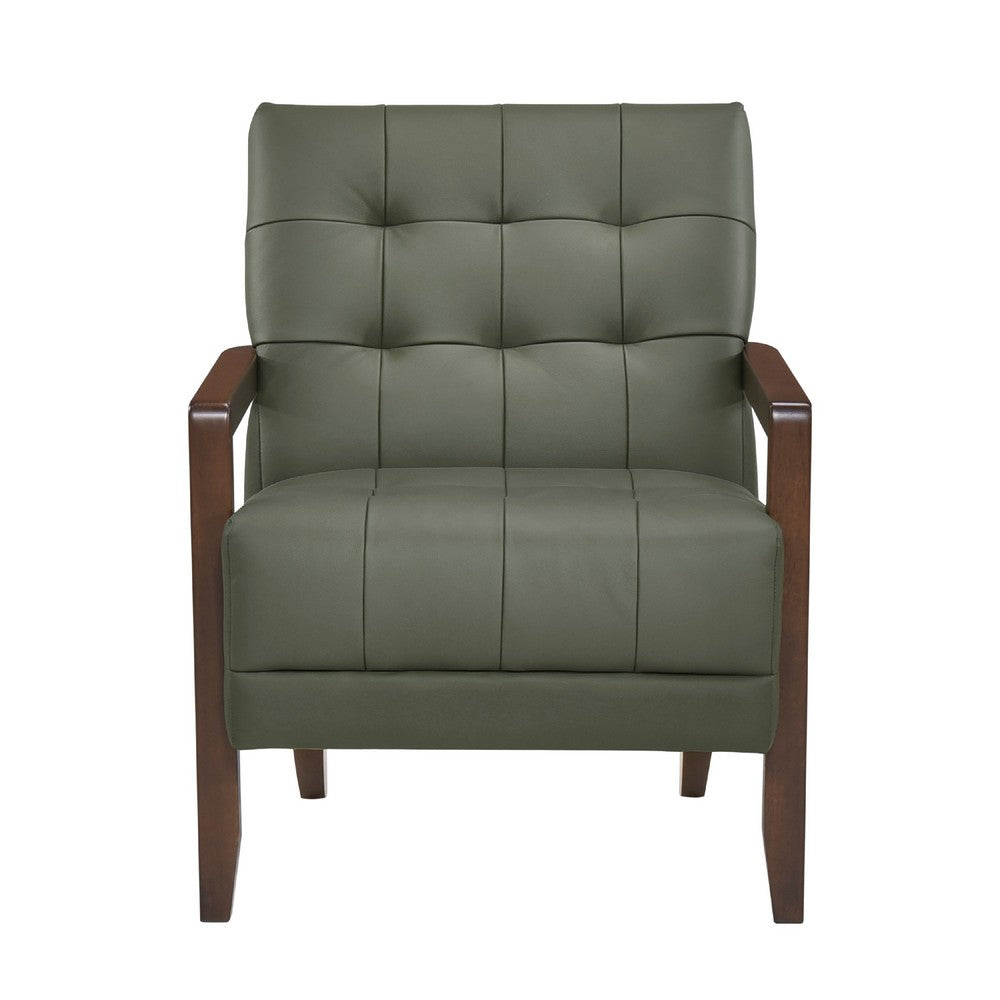 Benjara Lenie Accent Armchair, Button Tufted Green Leather, Walnut Brown Wood
