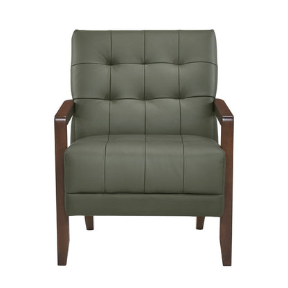 Benjara Lenie Accent Armchair, Button Tufted Green Leather, Walnut Brown Wood
