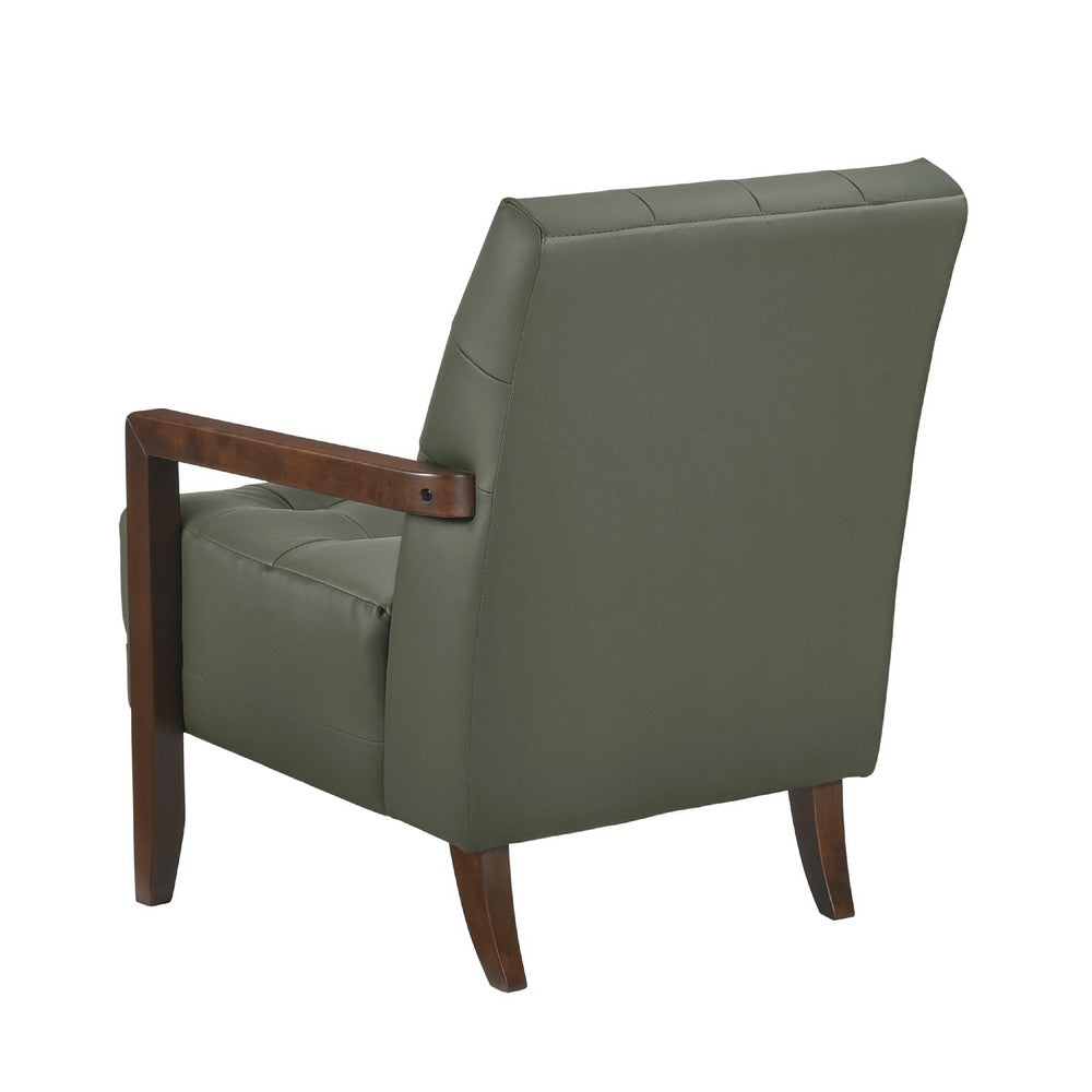 Benjara Lenie Accent Armchair, Button Tufted Green Leather, Walnut Brown Wood