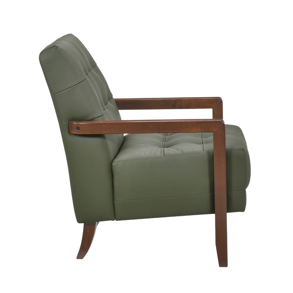 Benjara Lenie Accent Armchair, Button Tufted Green Leather, Walnut Brown Wood