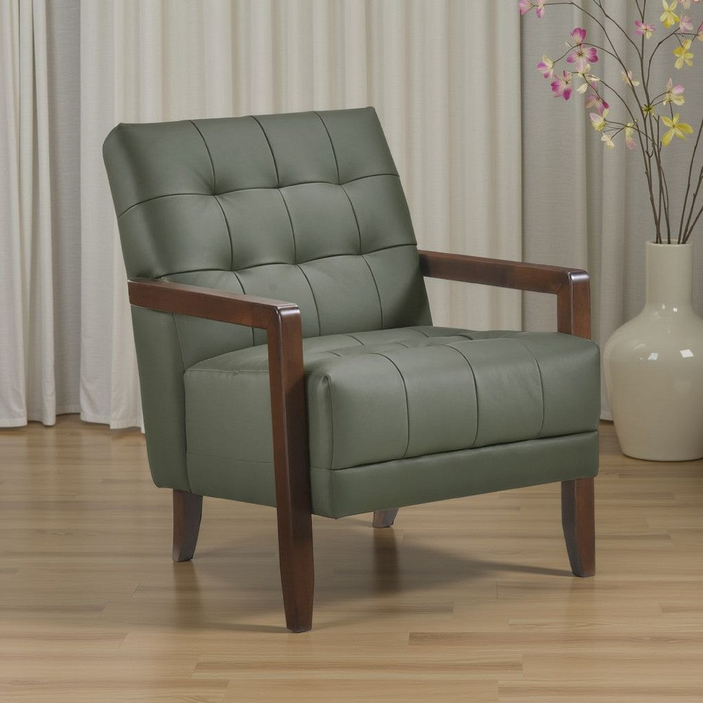 Benjara Lenie Accent Armchair, Button Tufted Green Leather, Walnut Brown Wood