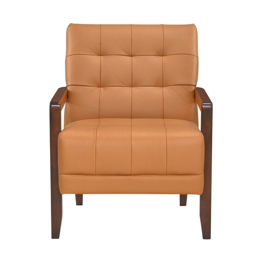 Benjara Lenie Accent Armchair, Button Tufted Orange Leather, Walnut Brown