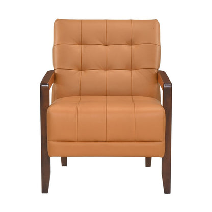 Benjara Lenie Accent Armchair, Button Tufted Orange Leather, Walnut Brown