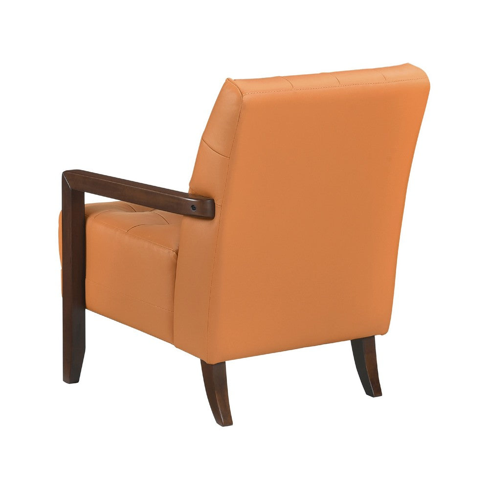 Benjara Lenie Accent Armchair, Button Tufted Orange Leather, Walnut Brown