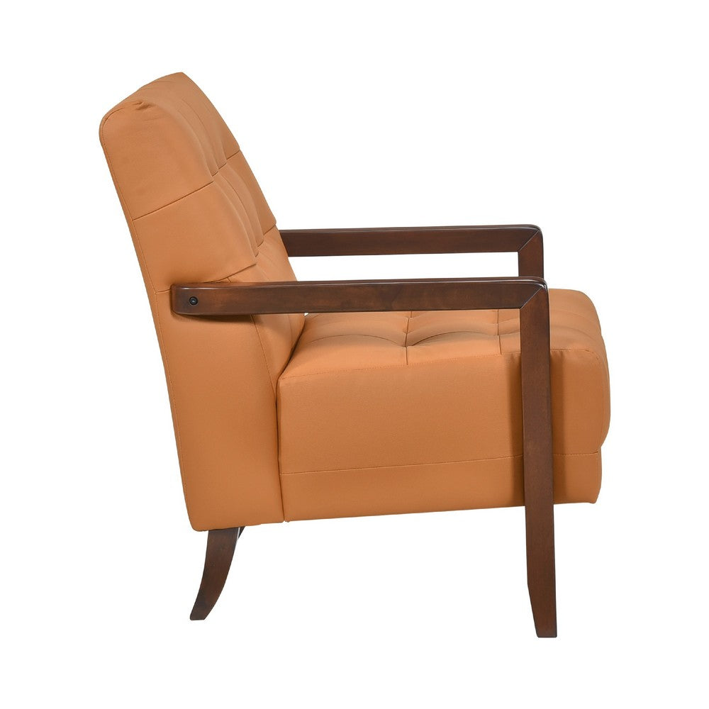 Benjara Lenie Accent Armchair, Button Tufted Orange Leather, Walnut Brown