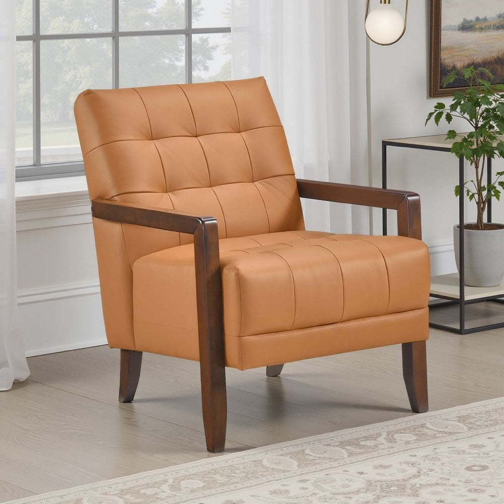 Benjara Lenie Accent Armchair, Button Tufted Orange Leather, Walnut Brown