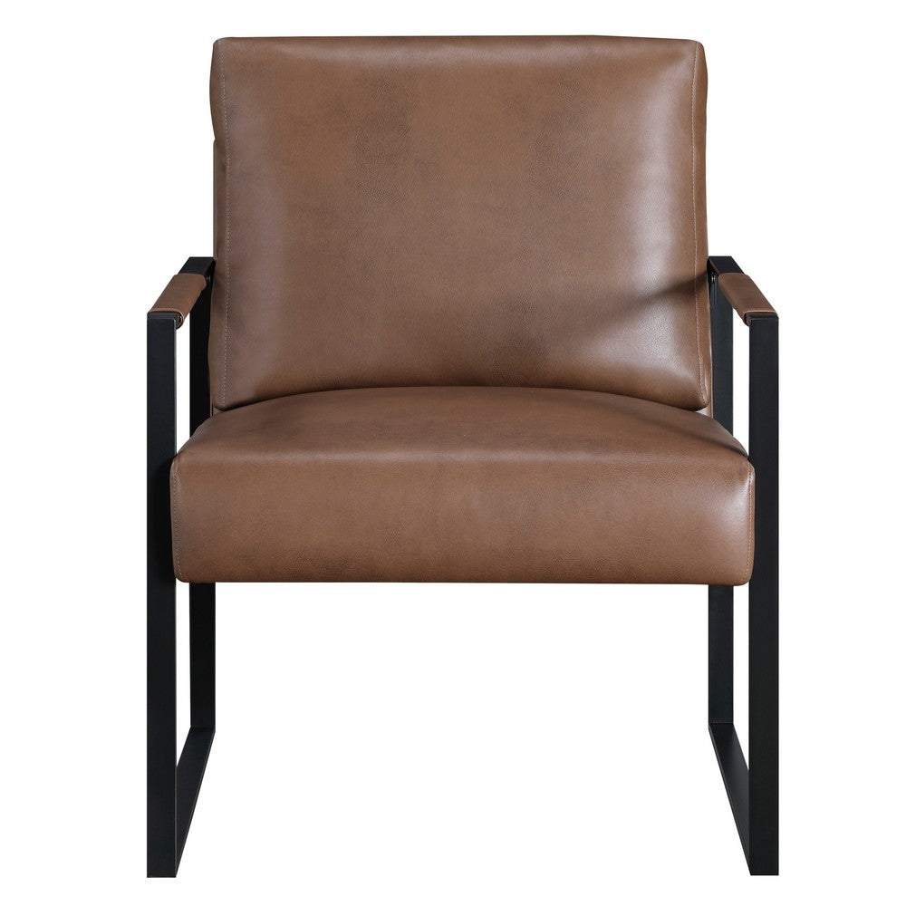 Benjara Mackie Accent Armchair, Dark Brown Faux Leather, Black Metal Frame