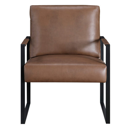 Benjara Mackie Accent Armchair, Dark Brown Faux Leather, Black Metal Frame