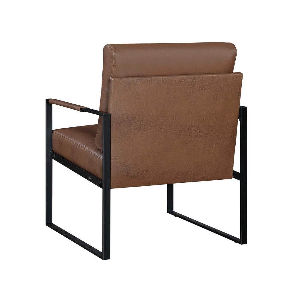Benjara Mackie Accent Armchair, Dark Brown Faux Leather, Black Metal Frame