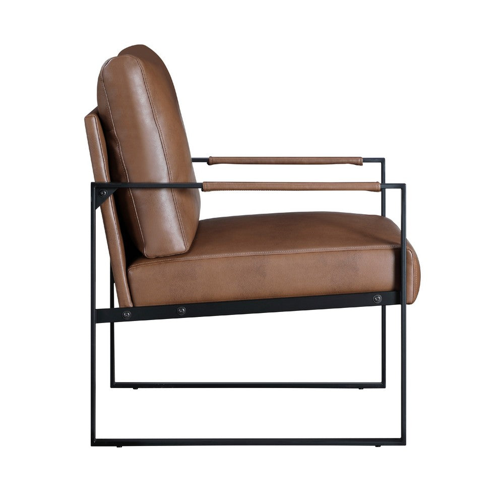 Benjara Mackie Accent Armchair, Dark Brown Faux Leather, Black Metal Frame