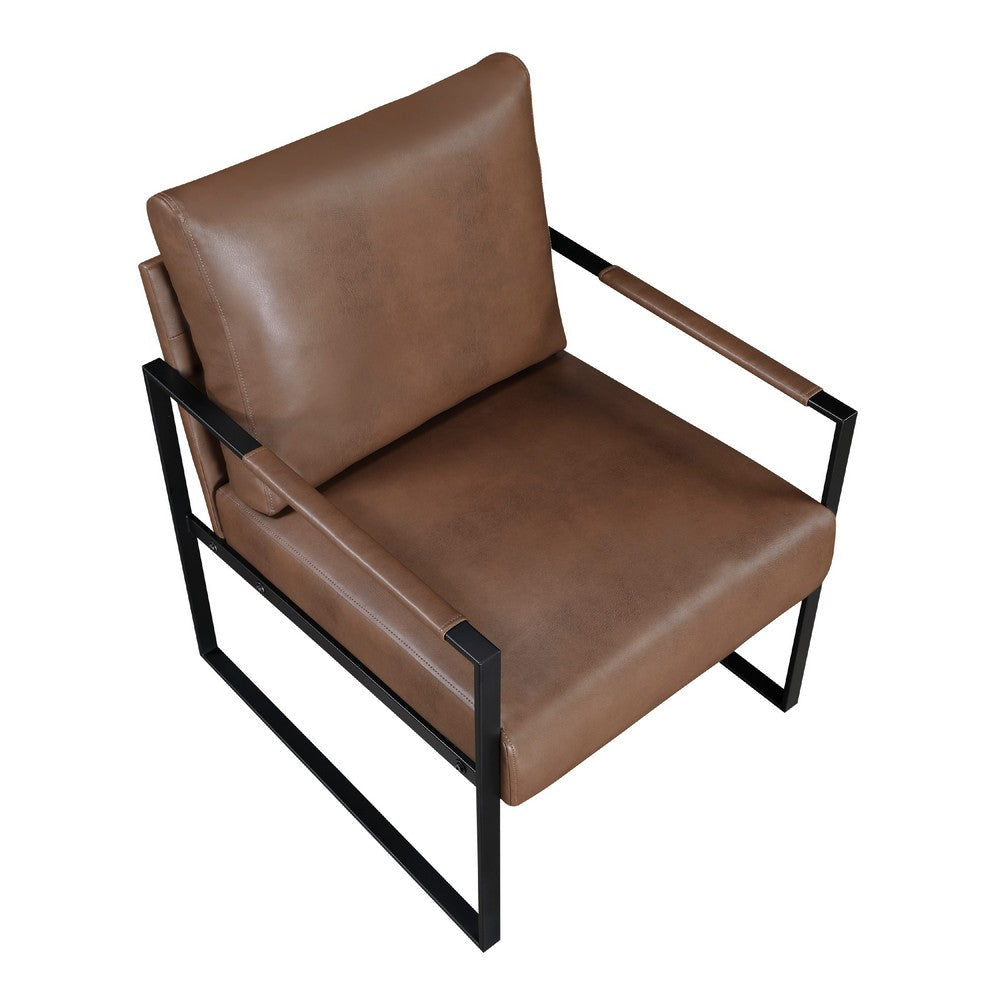 Benjara Mackie Accent Armchair, Dark Brown Faux Leather, Black Metal Frame
