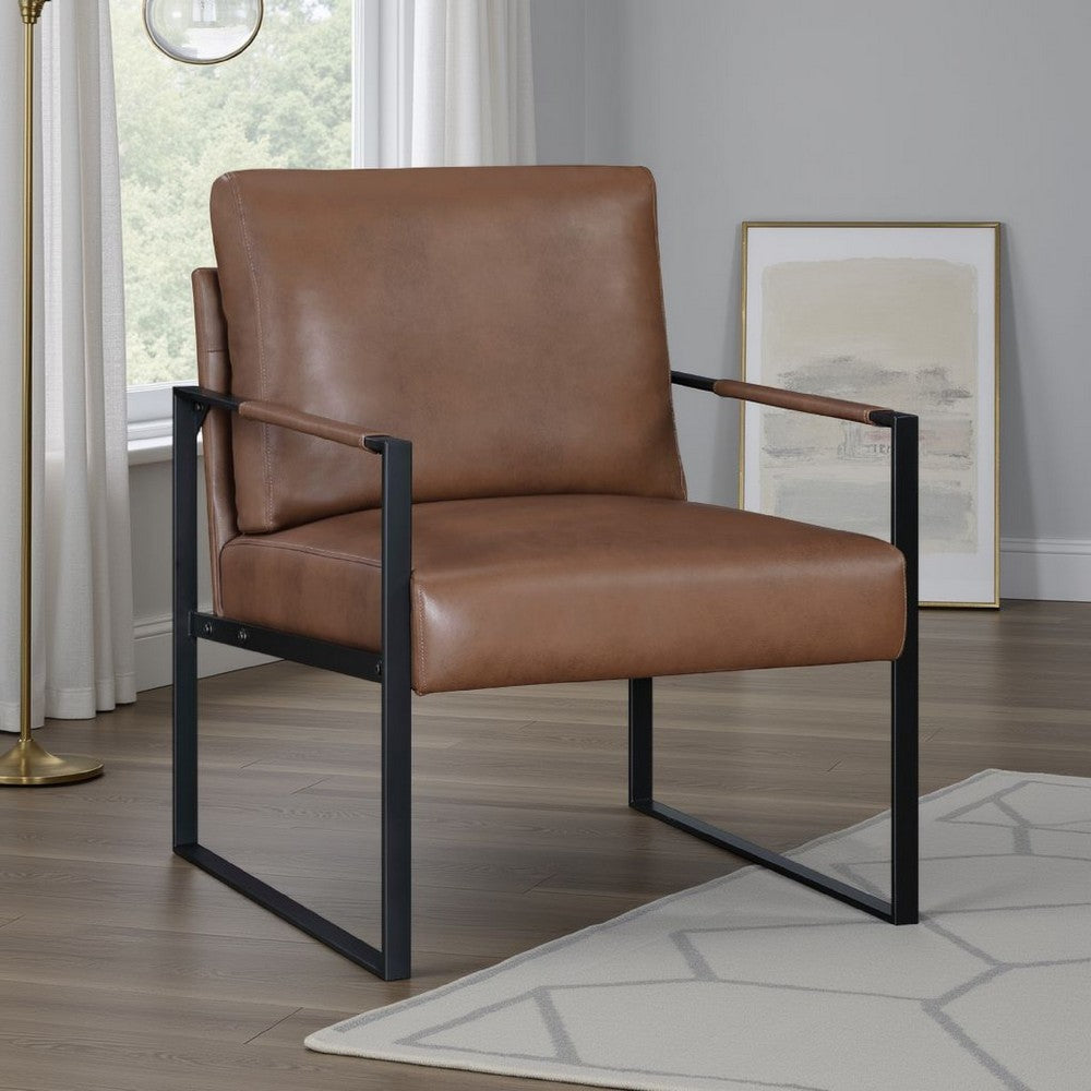 Benjara Mackie Accent Armchair, Dark Brown Faux Leather, Black Metal Frame