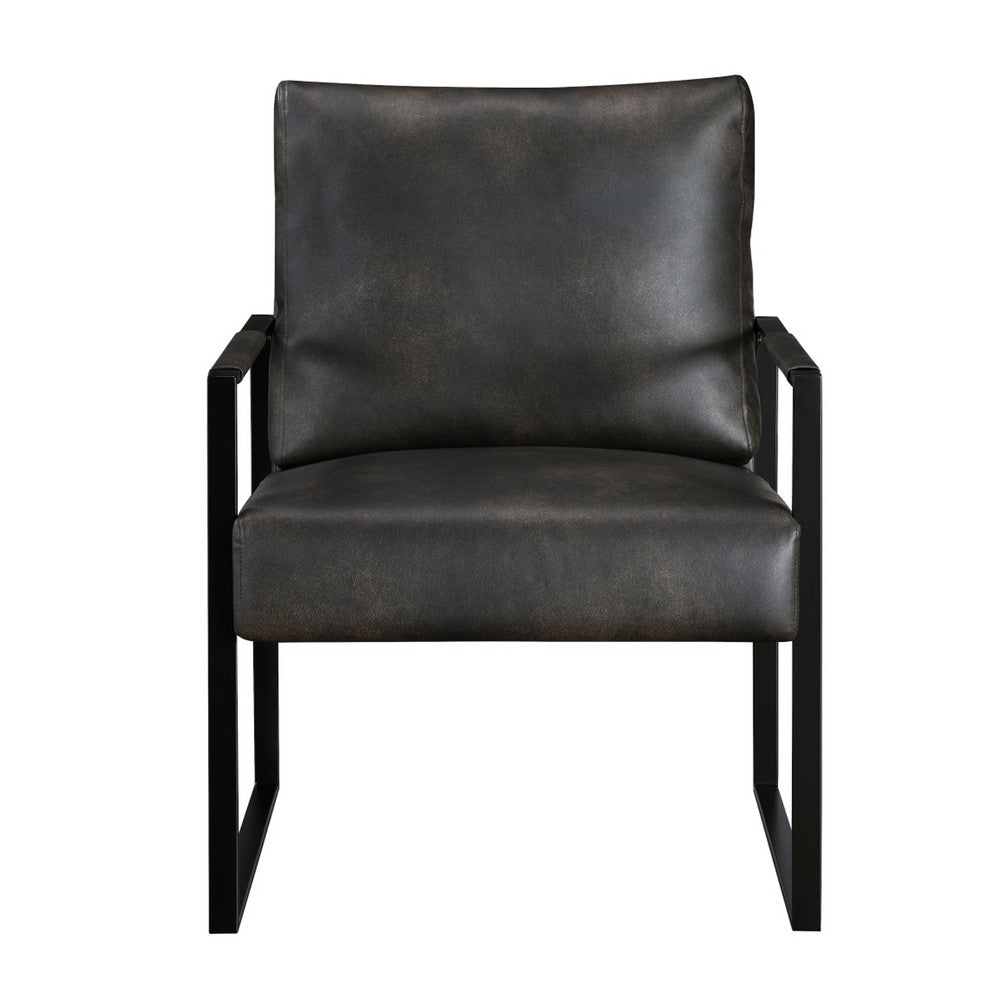 Benjara Mackie Accent Armchair, Dark Gray Faux Leather, Black Metal Frame