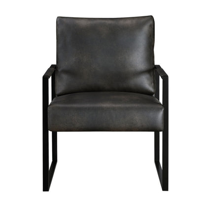 Benjara Mackie Accent Armchair, Dark Gray Faux Leather, Black Metal Frame