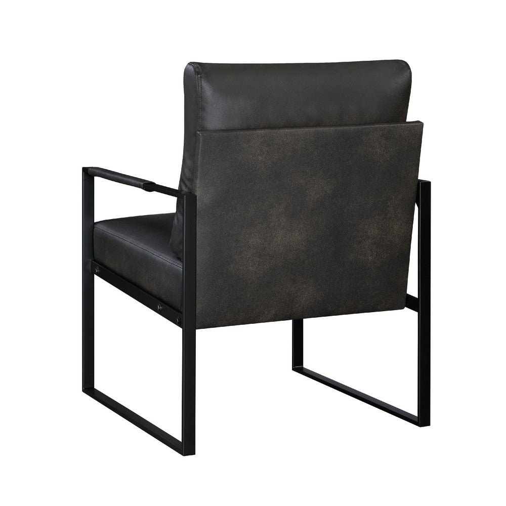 Benjara Mackie Accent Armchair, Dark Gray Faux Leather, Black Metal Frame