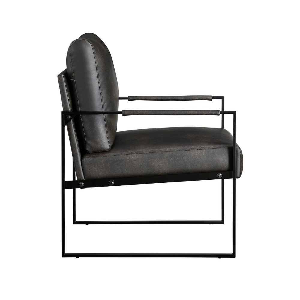 Benjara Mackie Accent Armchair, Dark Gray Faux Leather, Black Metal Frame