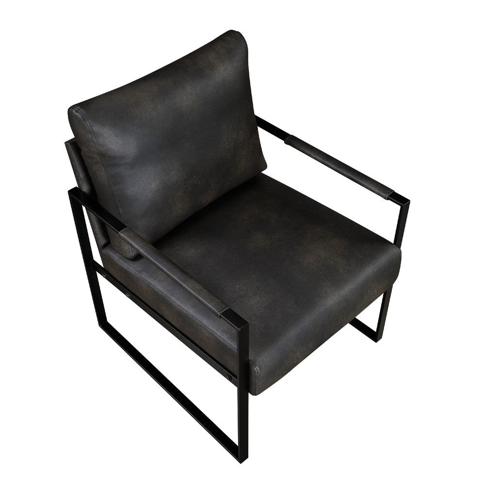 Benjara Mackie Accent Armchair, Dark Gray Faux Leather, Black Metal Frame