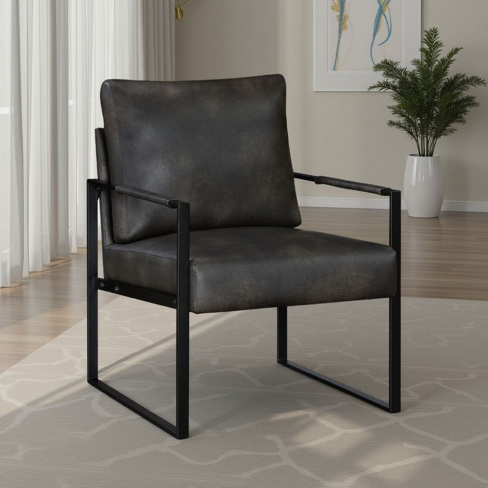 Benjara Mackie Accent Armchair, Dark Gray Faux Leather, Black Metal Frame