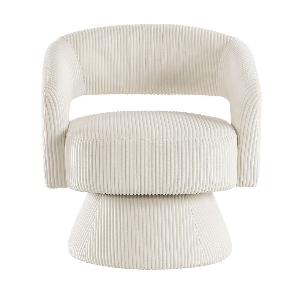 Benjara Rayne Swivel Accent Chair, Ivory Corduroy, Round Metal Swivel Base