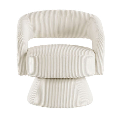 Benjara Rayne Swivel Accent Chair, Ivory Corduroy, Round Metal Swivel Base