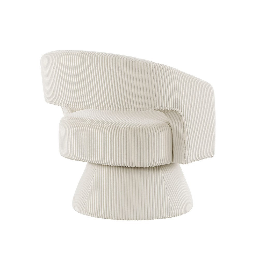 Benjara Rayne Swivel Accent Chair, Ivory Corduroy, Round Metal Swivel Base