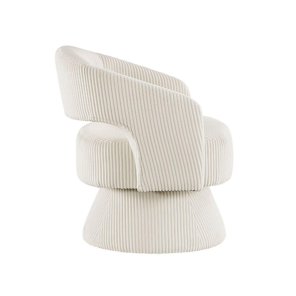 Benjara Rayne Swivel Accent Chair, Ivory Corduroy, Round Metal Swivel Base