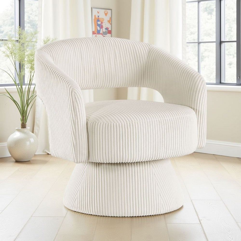Benjara Rayne Swivel Accent Chair, Ivory Corduroy, Round Metal Swivel Base