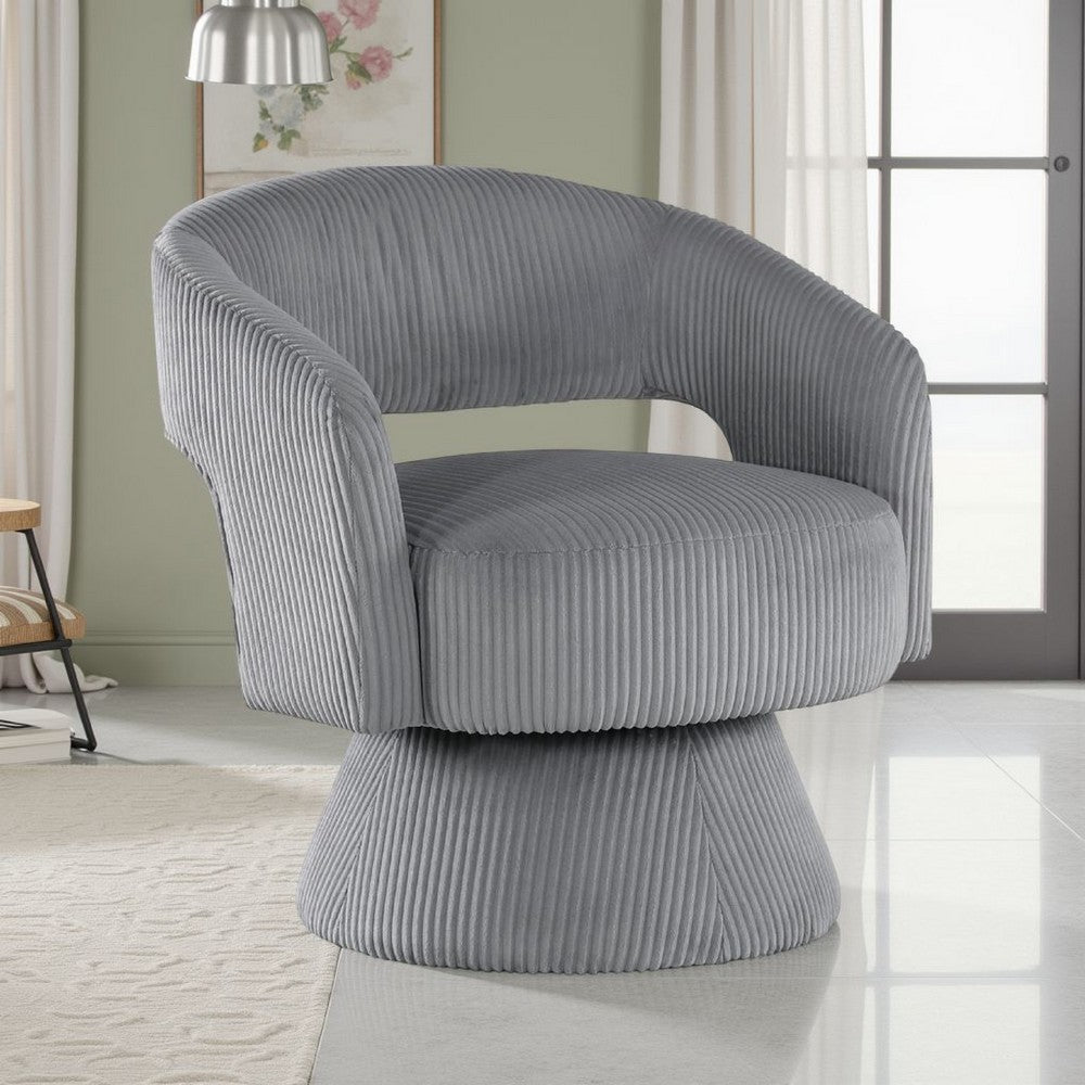 Benjara Rayne Swivel Accent Chair, Dark Gray Corduroy, Round Metal Swivel Base
