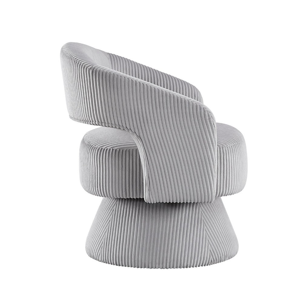 Benjara Rayne Swivel Accent Chair, Gray Corduroy, Round Metal Swivel Base