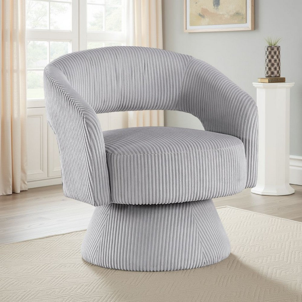 Benjara Rayne Swivel Accent Chair, Gray Corduroy, Round Metal Swivel Base