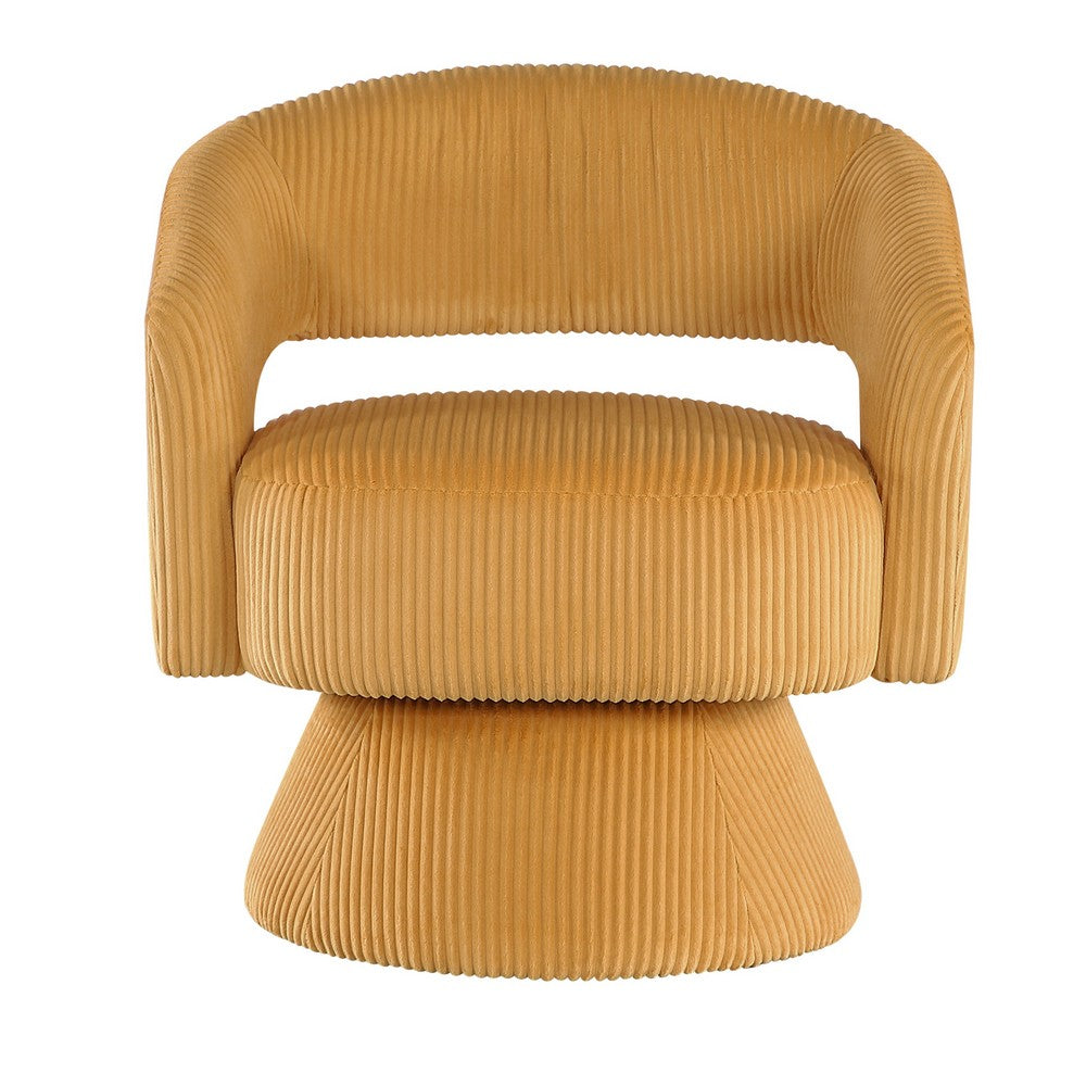 Benjara Rayne Swivel Accent Chair, Yellow Corduroy, Round Metal Swivel Base
