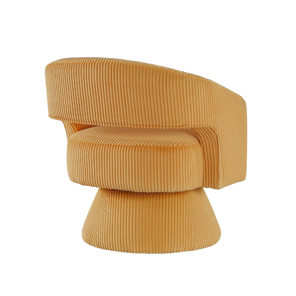 Benjara Rayne Swivel Accent Chair, Yellow Corduroy, Round Metal Swivel Base