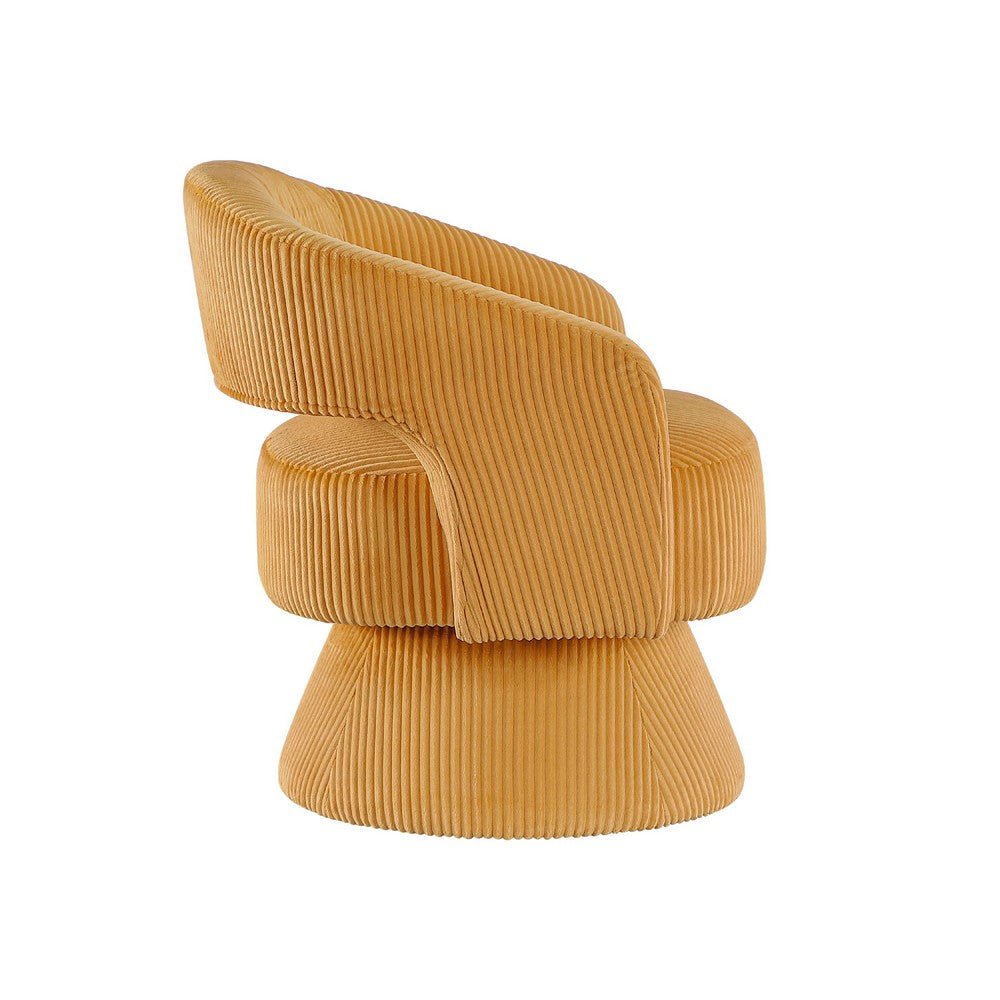 Benjara Rayne Swivel Accent Chair, Yellow Corduroy, Round Metal Swivel Base