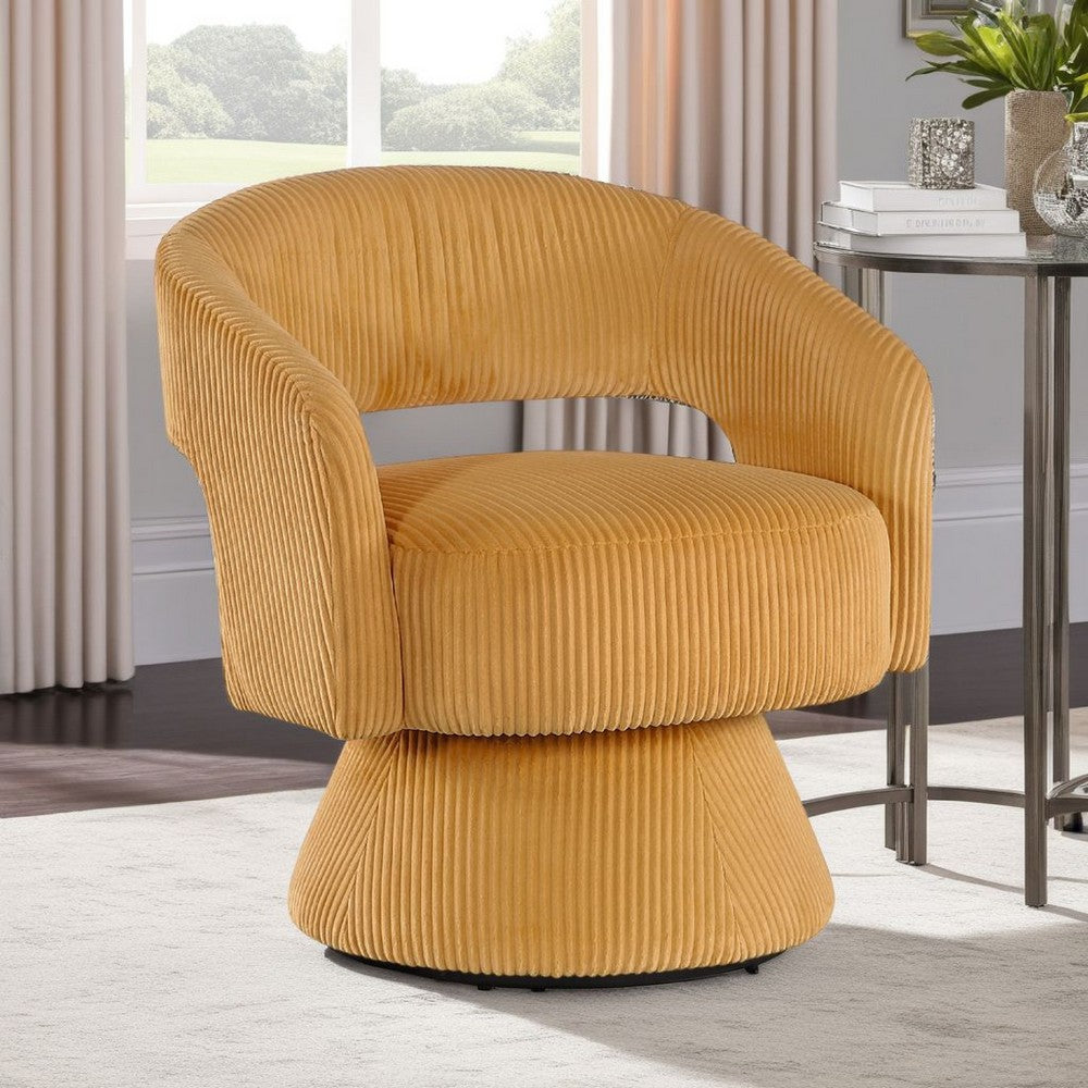 Benjara Rayne Swivel Accent Chair, Yellow Corduroy, Round Metal Swivel Base