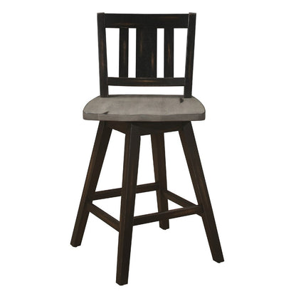 Benjara Ati Swivel Counter Height Chair Set of 2, Slatted Black Wood, Gray