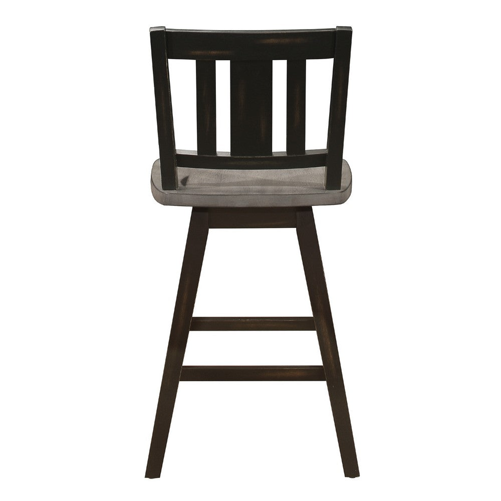 Benjara Ati Swivel Counter Height Chair Set of 2, Slatted Black Wood, Gray