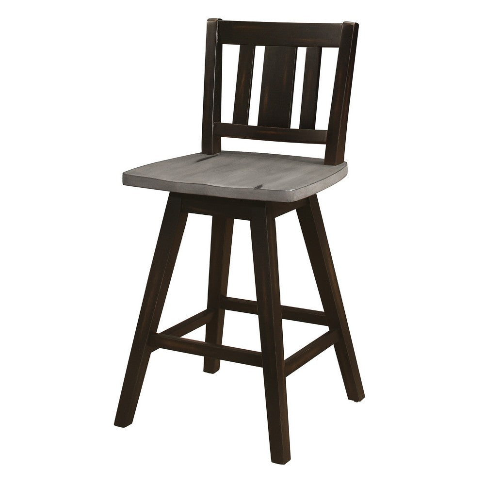 Benjara Ati Swivel Counter Height Chair Set of 2, Slatted Black Wood, Gray
