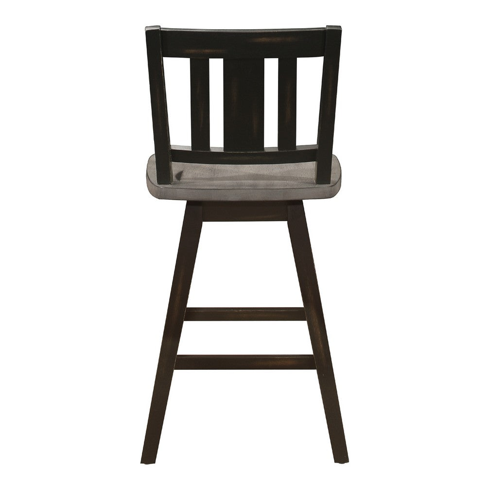 Benjara Ati Swivel Counter Height Chair Set of 2, Slatted Black Wood, Gray